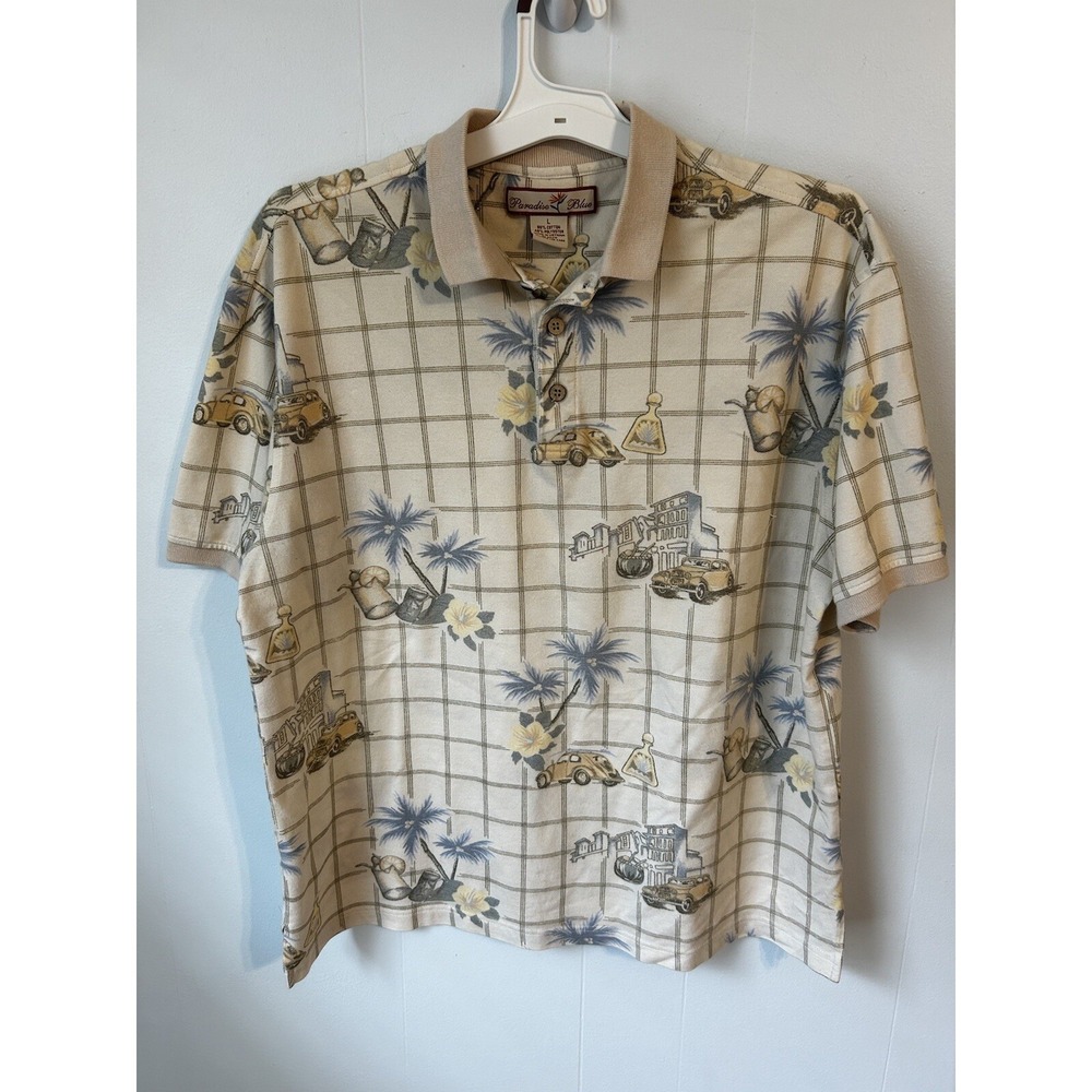 Vintage Paradise Blue Large Polo Shirt . Tropical‎ car theme, collared shirt.